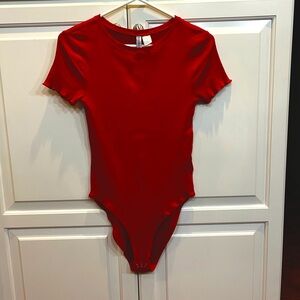 Divided Red Ribbed Short Sleeve Bodysuit